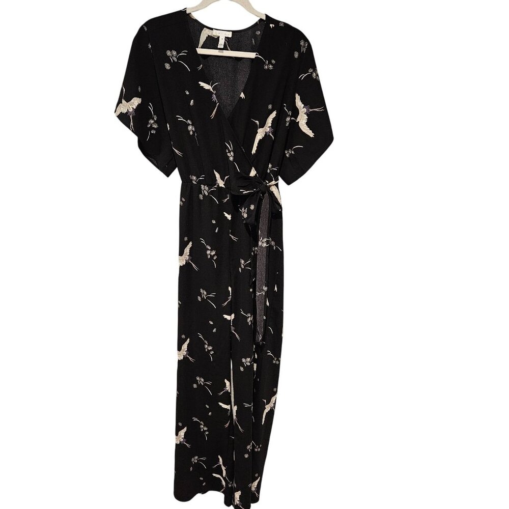 Leith Woman Size M Jumpsuit Wide Leg Wrap Front Black/White Asian Crane Print